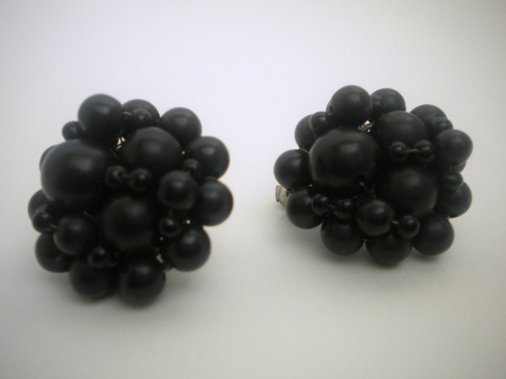 Vintage 1960s Black Beaded Clip On Earrings