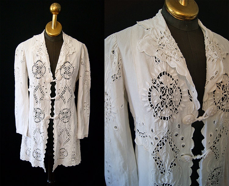 Exquisite 1900's Edwardian white cotton battenburg lace jacket blouse top boho bohemian chic - size Medium to Large