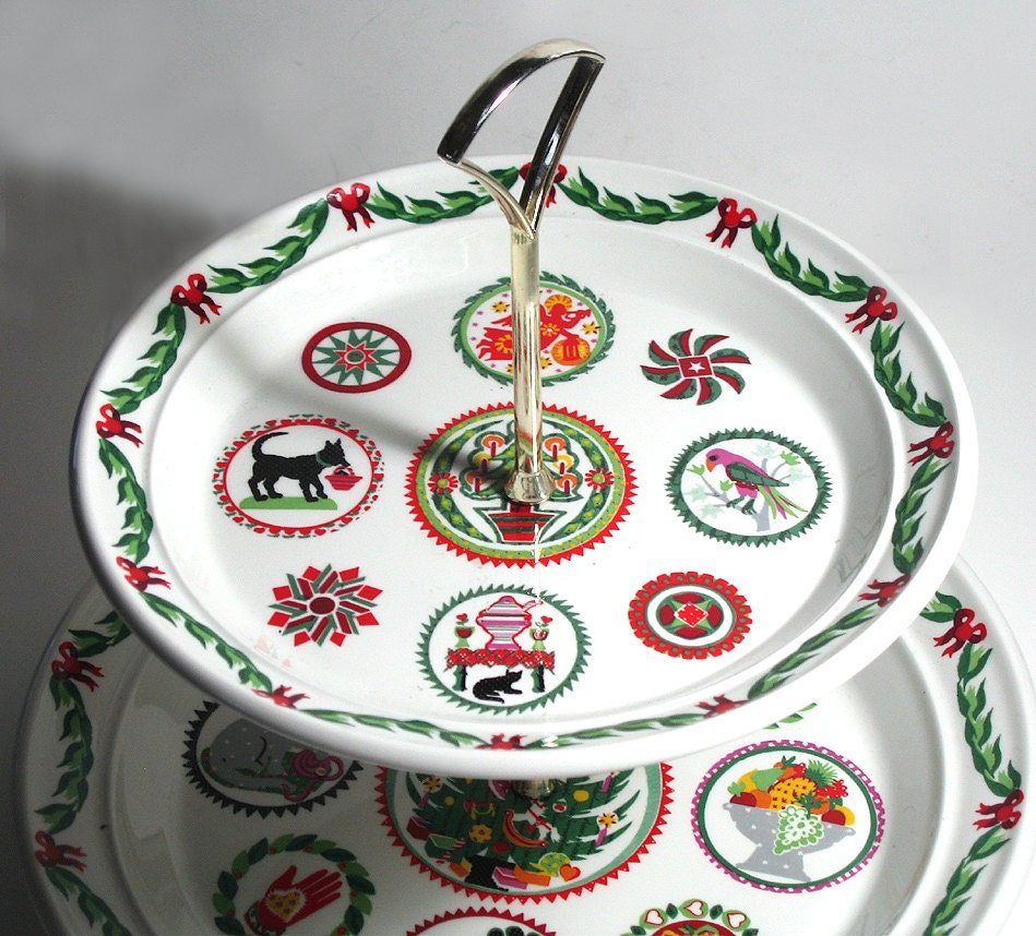 Vintage 2 Tier Serving Tray, Portmeirion Spirit of Christmas, by Susan Williams-Ellis, Made in England