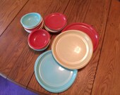 Vtg Plastic Picnic Dishes, Bright Summer Colors-Butter Yellow, Turquoise, Melon Orange