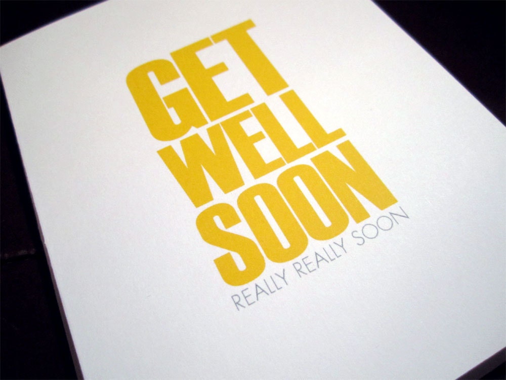 GET WELL SOON (really, really soon) -White Notecard with matching envelope and striped liner - 4.25 x 5.5 inch folded greeting card