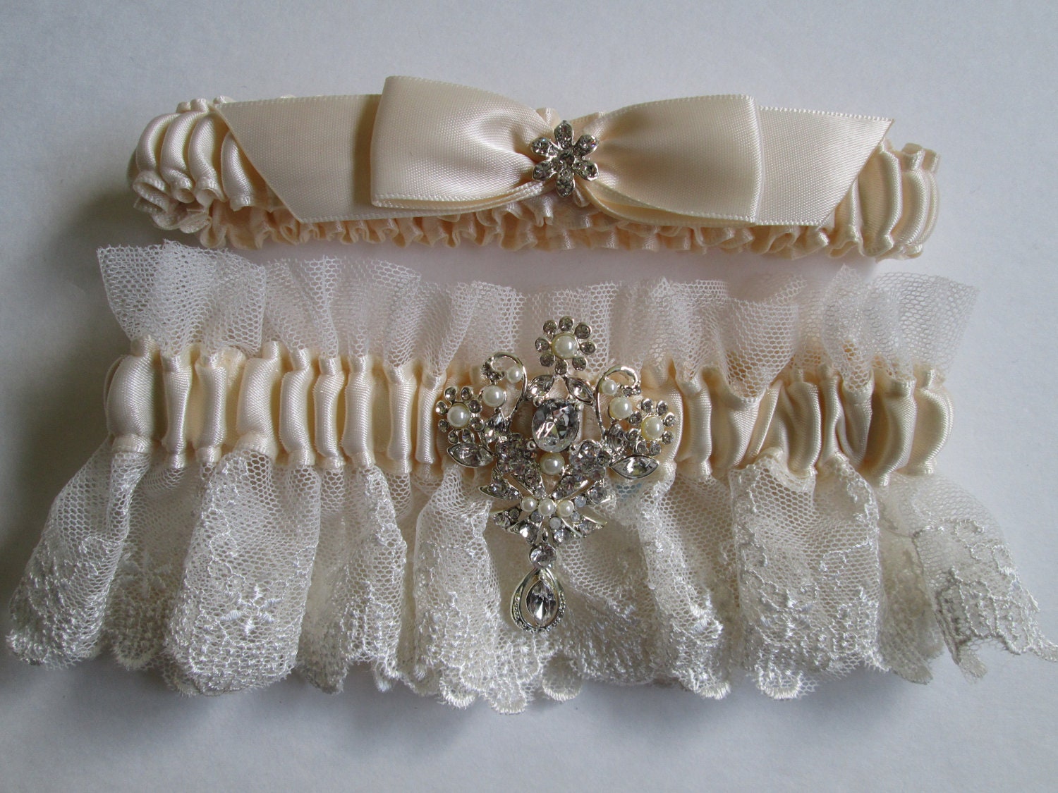 Wedding Garter Set, Ivory Satin Garters, Ivory Lace Garters, Heirloom Garter, Pearled/Beaded/Rhinestone Garter