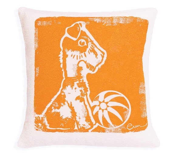 Decorative Pillow, Orange, Dog, Silk screened on cotton bark cloth, 10 inch