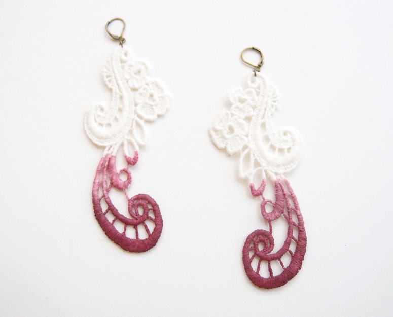 Lace Ombre Earrings - Briony in White to Wine Ombre - Pink Purple Berry Dip Dye Earrings