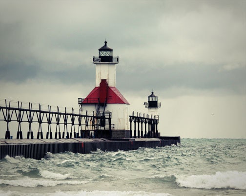Lighthouse Photograph North Pier Lights St Joseph Michigan grey gray red clouds storm pier Lake Michigan