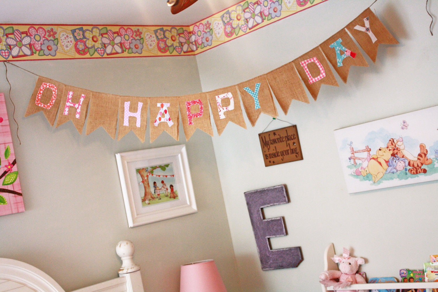Oh Happy Day Burlap Chevron Pennant Banner