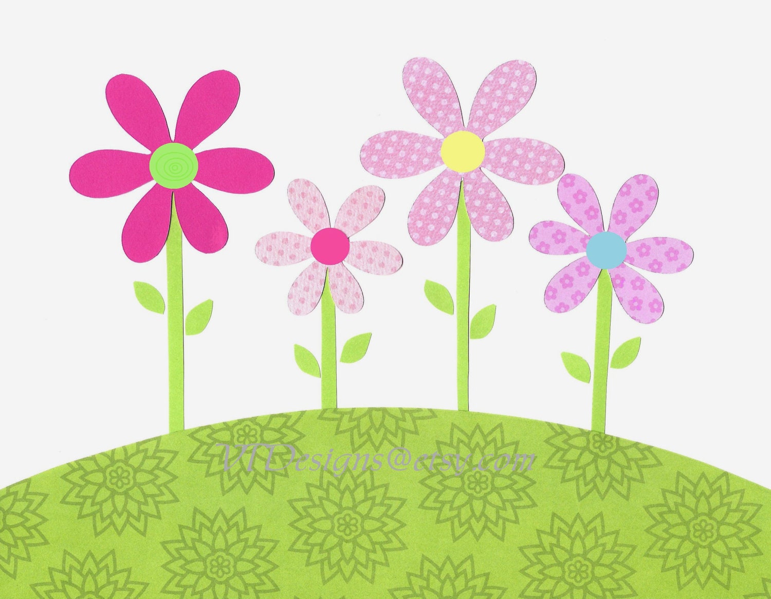 Nursery Art, Kids Wall Art, Baby Girl Nursery Decor, Flowers, Yellow, Green, Blue, Pink Daisy Garden, 8x10 Print