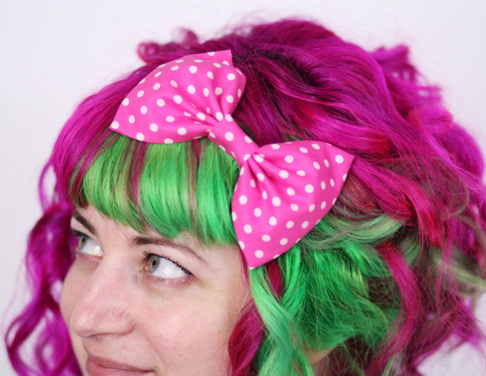 Spot Hair Bow, Printed Cotton Hair Clip, Pink White Polka Dots