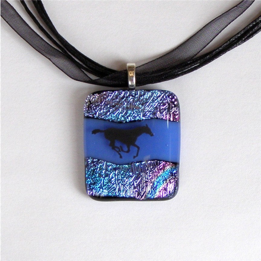 Dichroic Fused Glass Pendant Necklace, Running Horse on Blue Glass