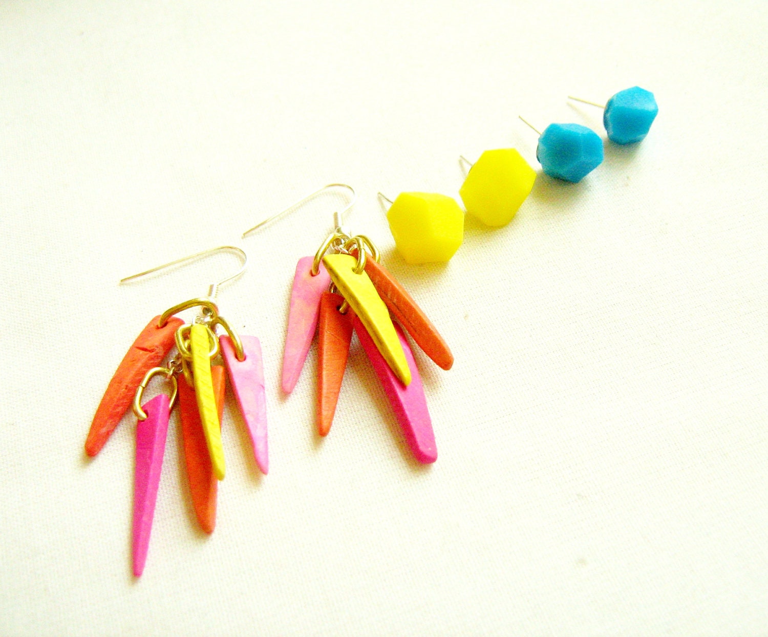 Tribal Geometry Neon Earrings, Value Gift Set of Three pairs - Neon Geo stones and Spikes Earrngs