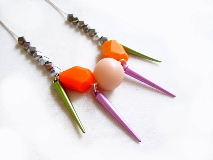 Spike Geometric Statement Necklace in Orange, Tan, Silver - Handmade Polymer Clay Geomteric Necklace
