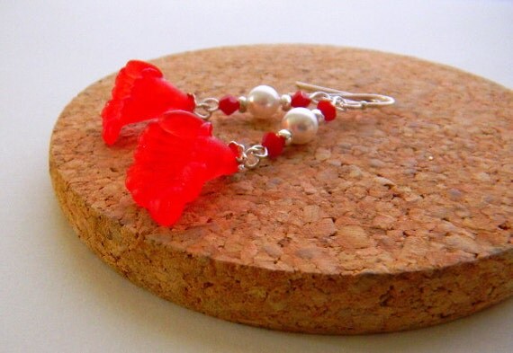 Scarlet Red flower earrings Hot summertime earrings Springtime Pearl Earrings Sterling Silver Earrings Womens Fashion Jewelry