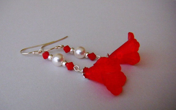 Scarlet Red flower earrings Hot summertime earrings Springtime Pearl Earrings Sterling Silver Earrings Womens Fashion Jewelry
