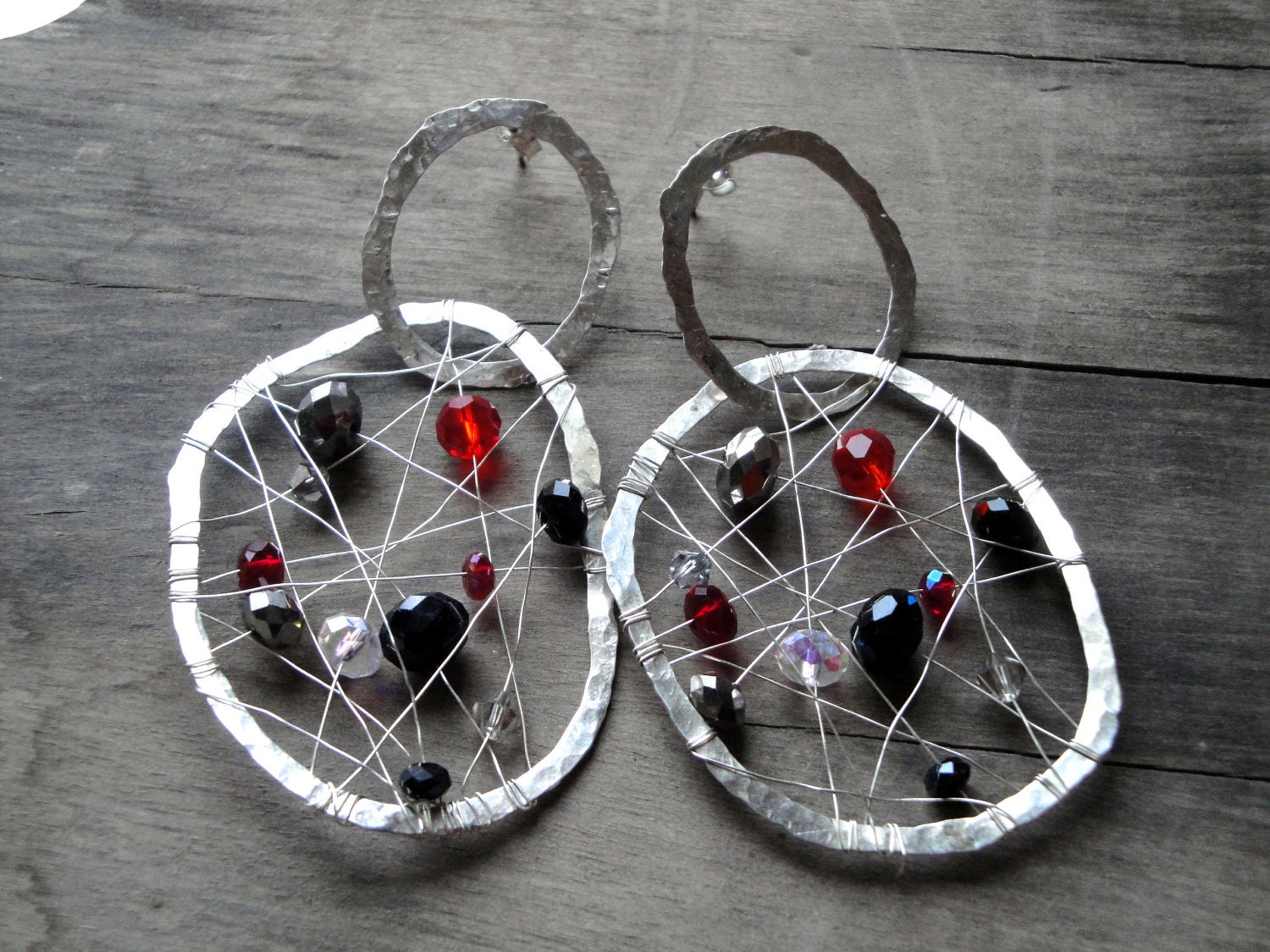 handmade hammered sterling silver 925 double hoops earrings with crystal beads