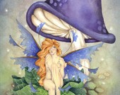 Fantasy Art Original Watercolor Painting - 9x12 - Under the Purple Mushroom - fairy, magic, girl, blue, nature, color, whimsical, woodland