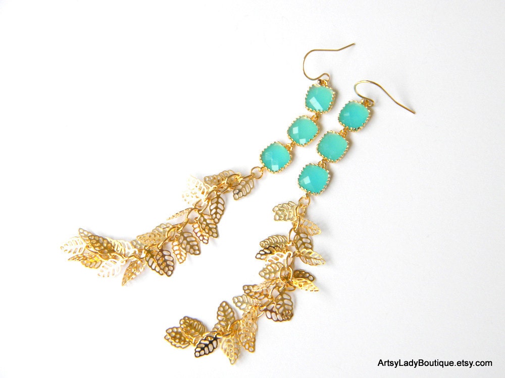Mint blue aqua - J' adore by ArtsyLadyBoutique - long gold leaf earrings - Gold Filled - luxe earrings