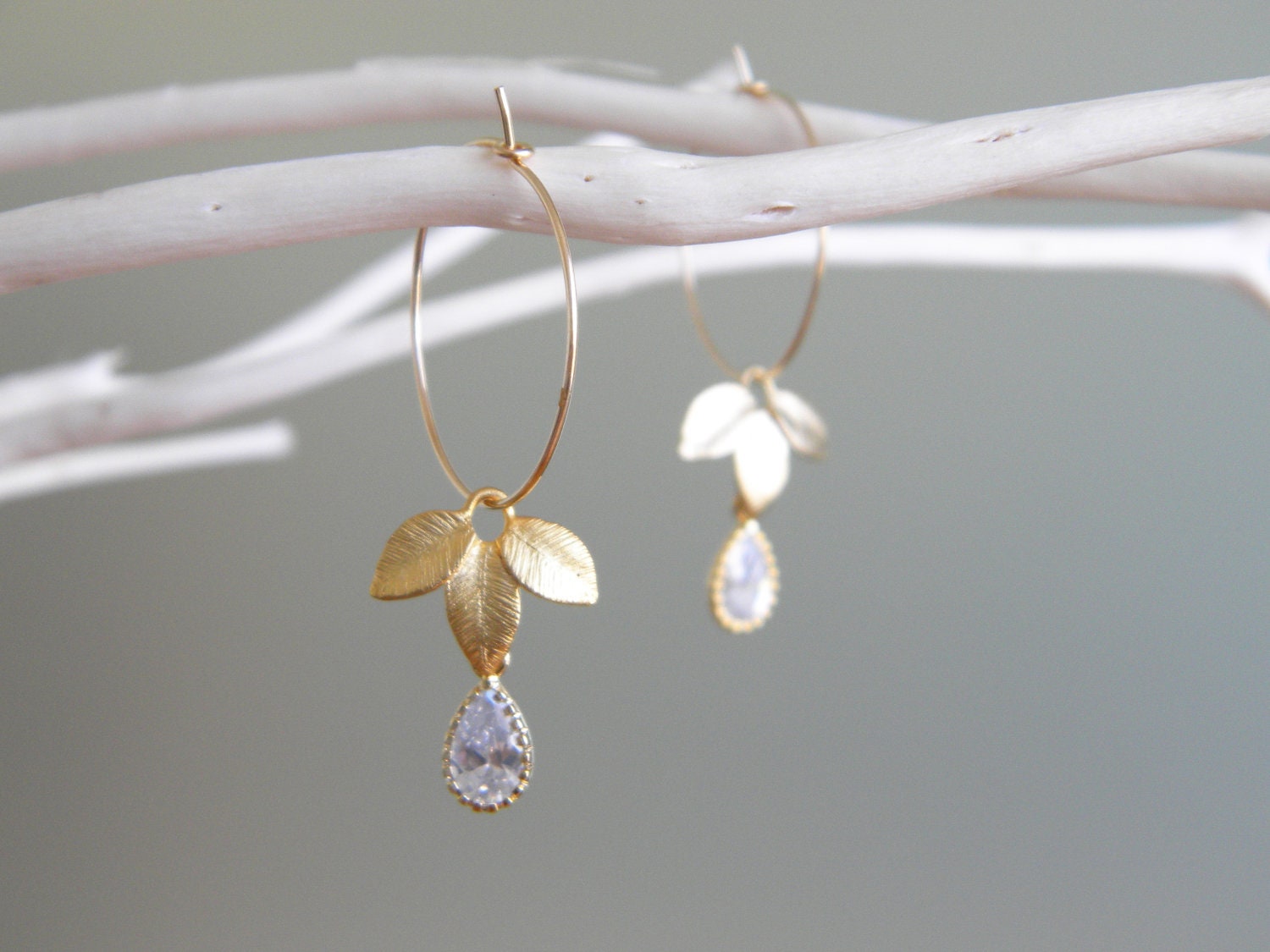 Gold leaves and dew drops - gold filled hoops and cz drops, weddings and bridesmaids