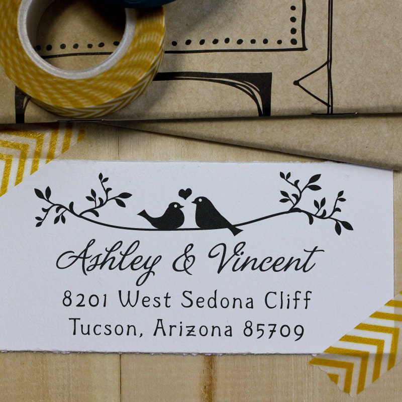 Wood Handle Address Stamp - Custom Rubber Stamp  - Personalized Stamp - Twigs Two Birds In Love