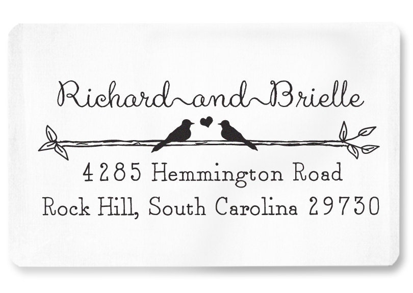 Custom Address Stamp - Eco Mount Rubber Stamp -Wedding Stamp - Rustic Two Birds in Love