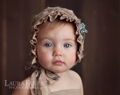 SAVANNAH- Hand Dyed Fabric Bonnet. Tan. Neutral. Brown. Blue. Shabby Chic. Newborn. Baby Girl. Photo Prop. Vintage Style.
