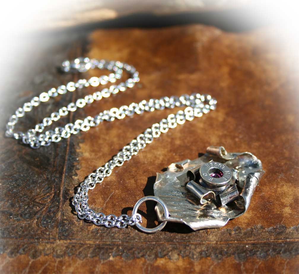 Bullet Necklace, The Shrapnel Collection, Hammered Nickel, Luger 9mm Bullet Rosette
