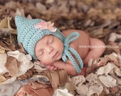 Crochet Newborn Baby Girl Boy Sweet Amore Pixie Bonnet, Custom Made To Order, Photo Photography Prop Handmade Elf Fabric Flower Hat, Beanie