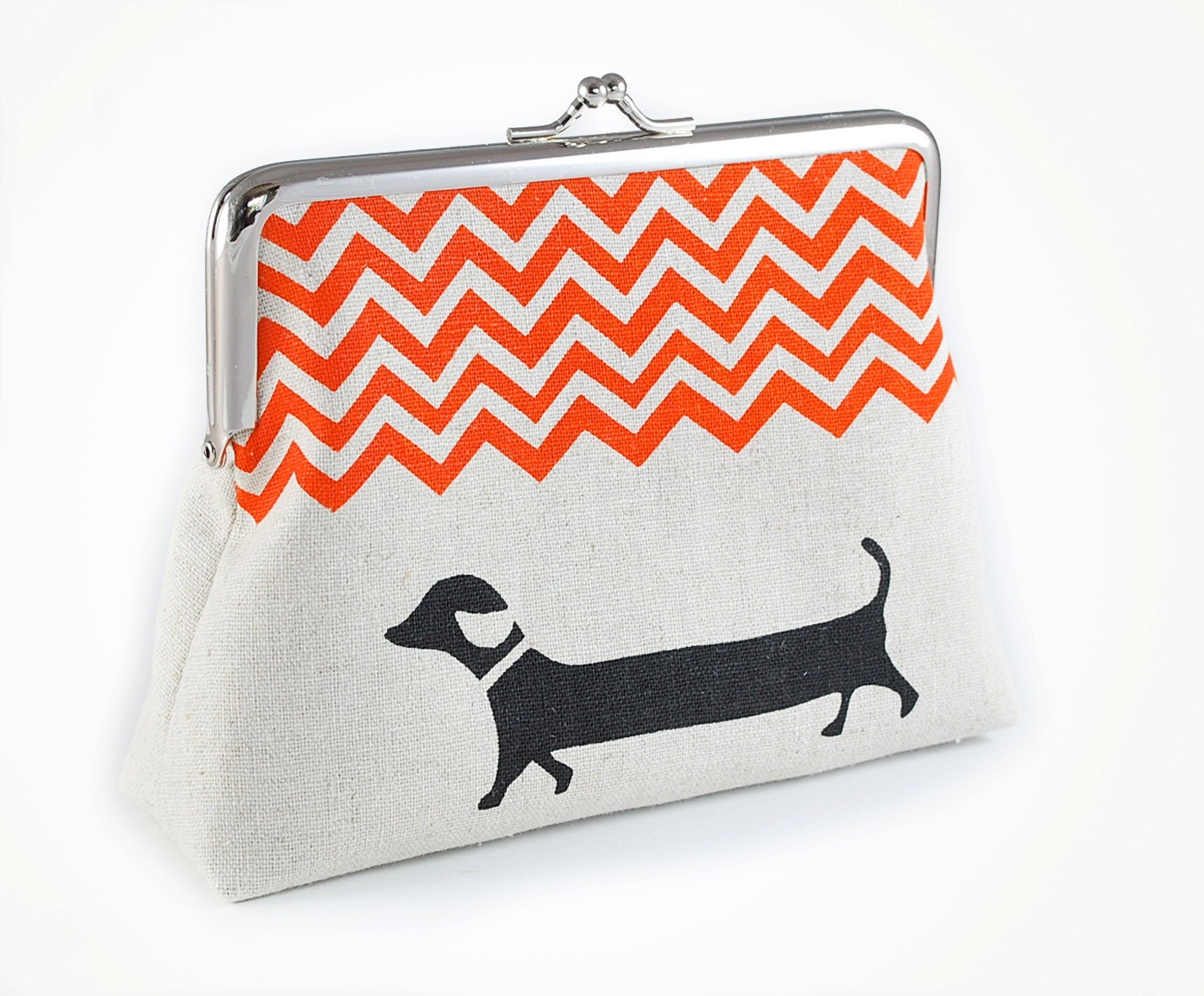 Dachshund purse with orange chevron on linen