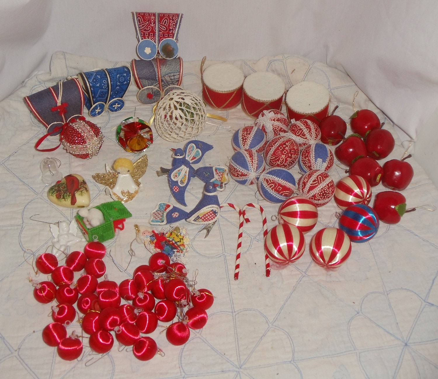 Lot Christmas Tree Ornaments Satin Sequin Balls Birds Drums Handmade Retro