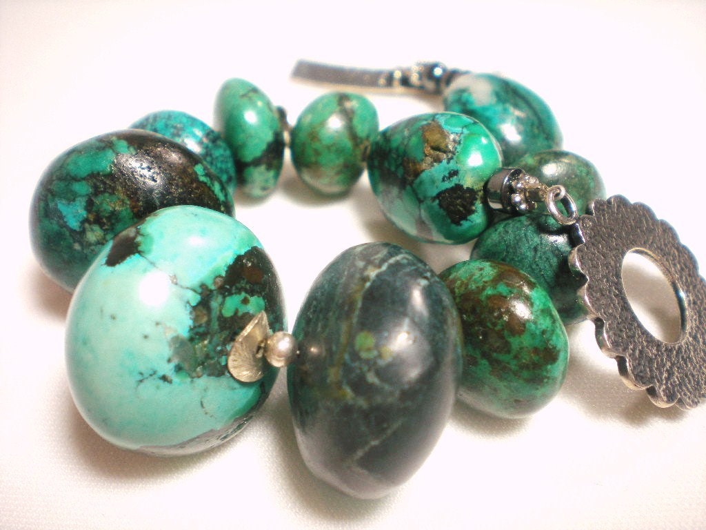 Chunky Turquoise Bracelet,  Silver Single Strand Beadwork Bracelet,  Unique Sterling Silver Clasp