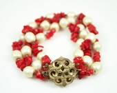 Vintage Coral Branch Faux Baroque Pearl Three Strand Bracelet