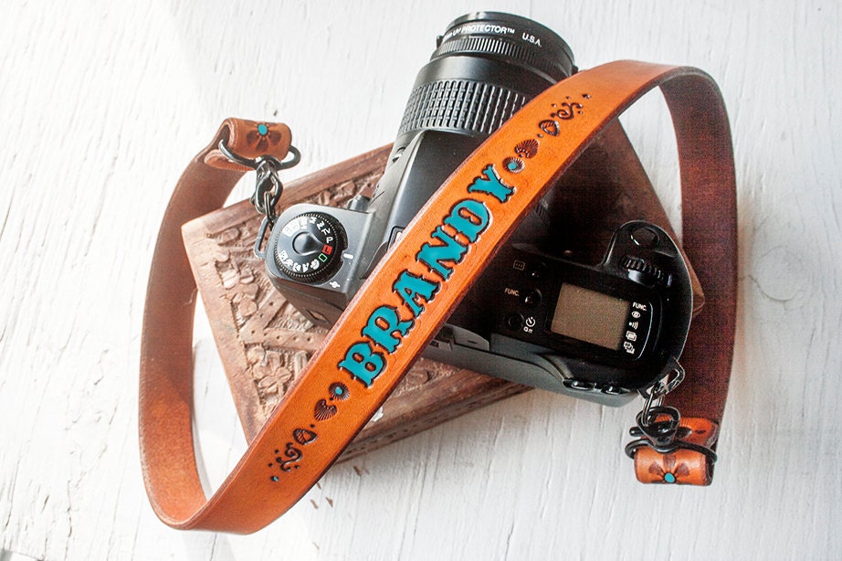 Custom Leather Camera Strap - Personalize with text, design, stain color and hardware