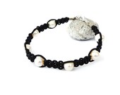 White pearl black leather bracelet womens knotted cuff macrame rocker elegant ooak