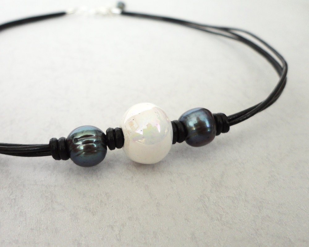 Knotted leather choker necklace white ceramic bead freshwater pearls rocker elegant ooak