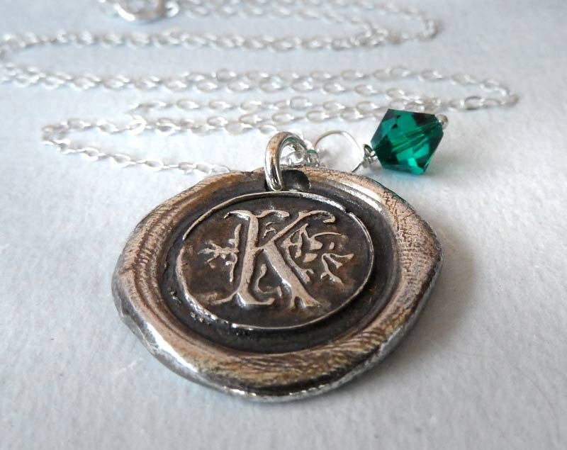 Personalized Initial Letter Birthstone Wax Seal Necklace. Swarovski Crystal Charm. Any Letter. Wax Seal Stamped Jewelry