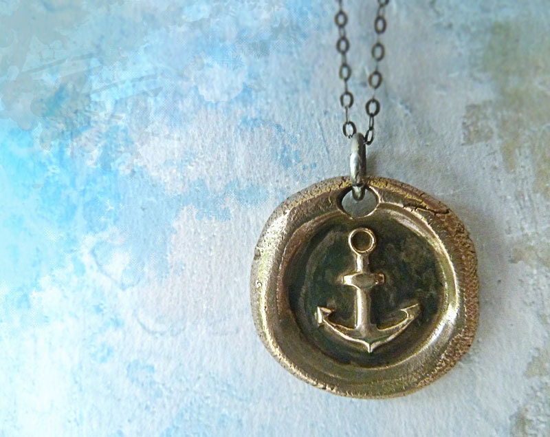 Anchor's Away.  Bronze Wax Seal Necklace. Nautical Wax Seal Jewelry. Sterling Silver Chain