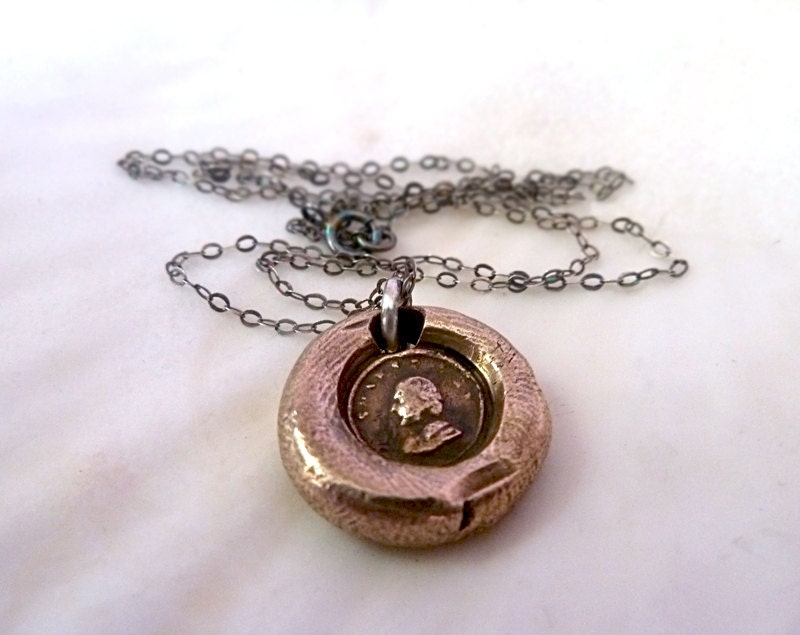 William Shakespeare. Petite Wax Seal Pendant Necklace. Victorian Style Bronze Wax Seal Jewelry. Sterling Silver Chain.