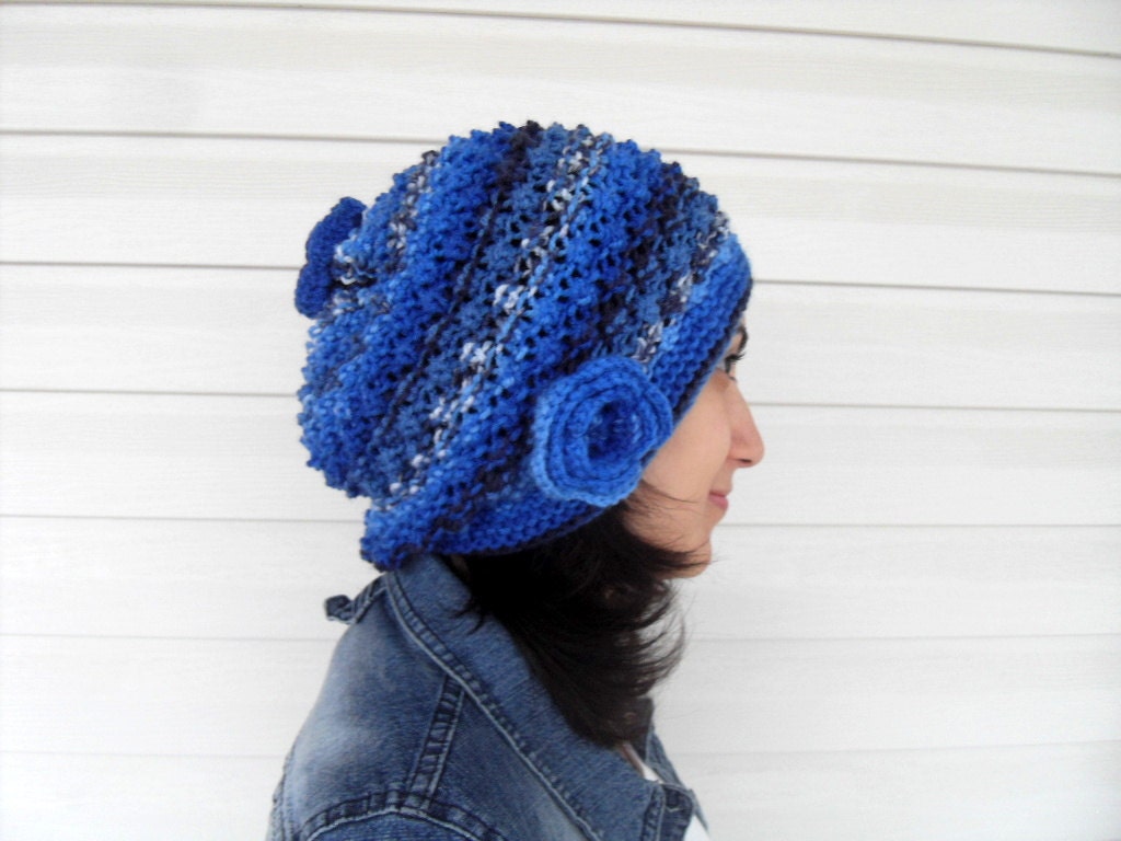 Knitted Slouchy Hat, Cobalt Blue Hat,Winter Hat, Ribbed Chunky Hat, Beanie, Beret,Winter Accessory,Sapphire - SmilingKnitting