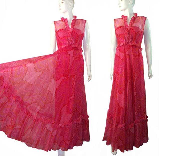 Hot Pink Paisley SILK Vintage 1970s Elegant Sheer Dress Long Sleeveless Gown Medium