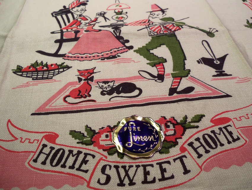 Vintage 1950s Novelty Print Pink Kitchen Linen Hand Towel Unused Home Sweet Home