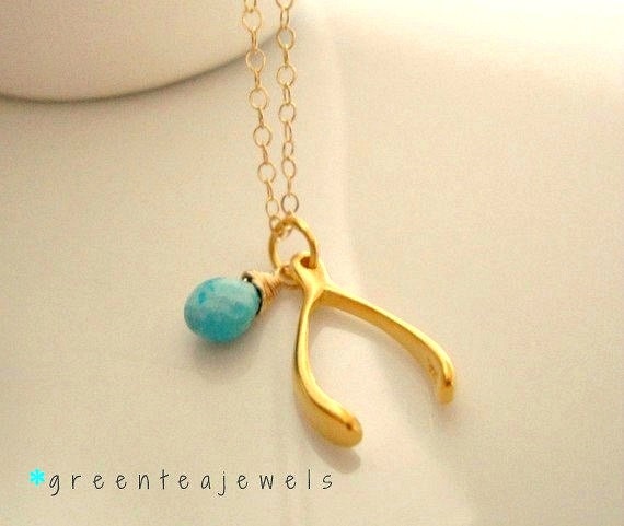 Make a Wish Necklace - gold vermeil wishbone and turquoise - small everyday jewelry - LAST ONE