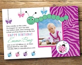 Ladybug, Caterpillar, and Butterfly Theme- Photo Birthday Party Invitation, Digital or Printed