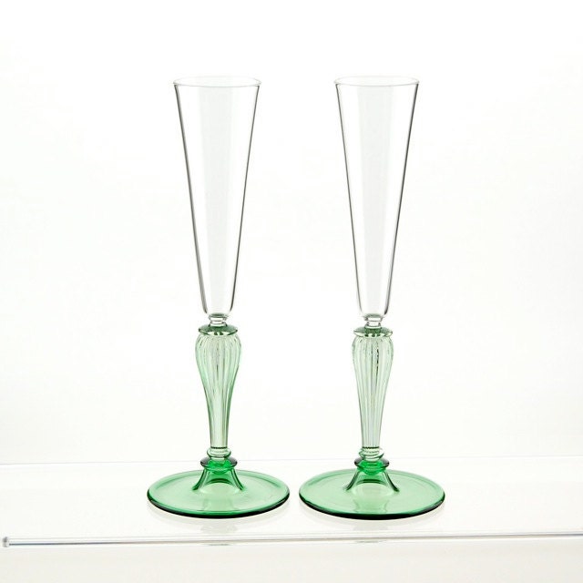 Champagne toasting flutes, green hand blown glasses