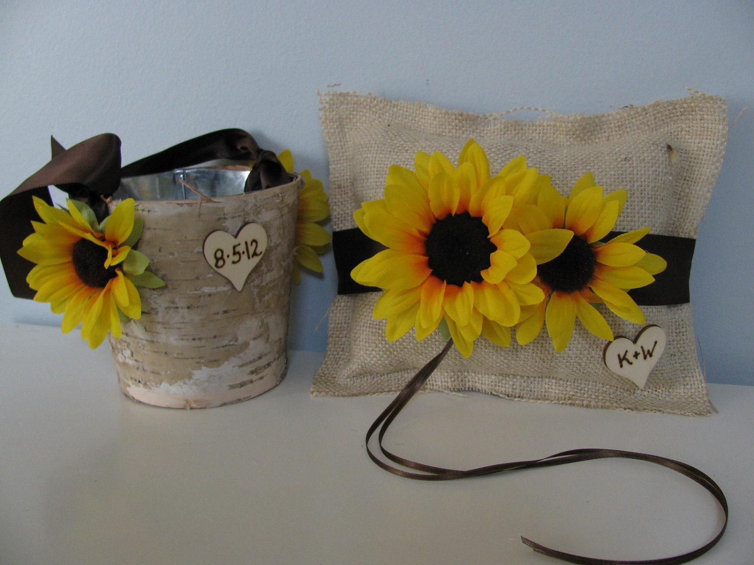 Rustic Flower Girl Basket, Burlap Ring Bearer Pillow SET Natural Birch Bark YOU CUSTOMIZE