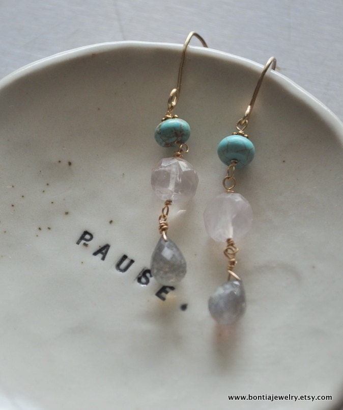 Tropical Storm Earrings. Labradorite, Rose Quartz, Magnasite 14kt Gold Fill