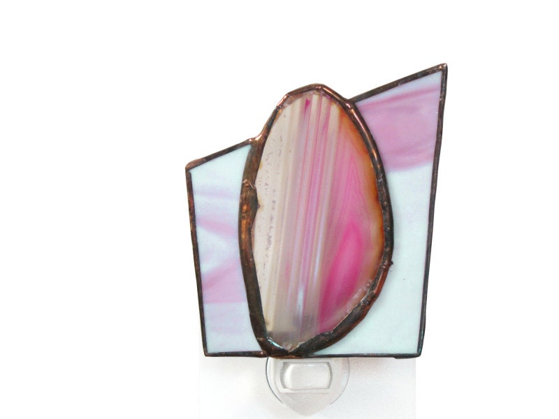Pink Night Light Stained Glass Nightlight Fuchsia Agate Geode Slice Handmade OOAK