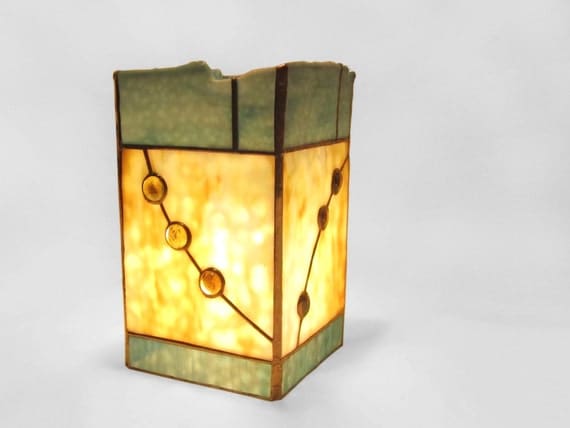 Stained Glass Lamp Blue Beige Gold Column - Moonscape - Handmade OOAK