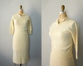 Vintage 1950s Bobbie Brooks Ivory Knit Wool Dress Set - 50s Kitten Knit Sweater and Skirt Small