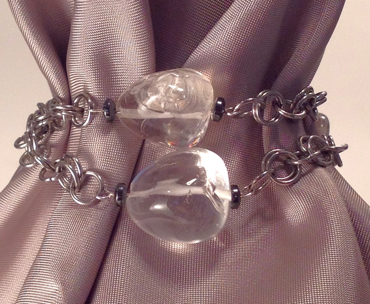 Stainless Steel Double Wrap Bracelet with Clear Quartz Nuggets