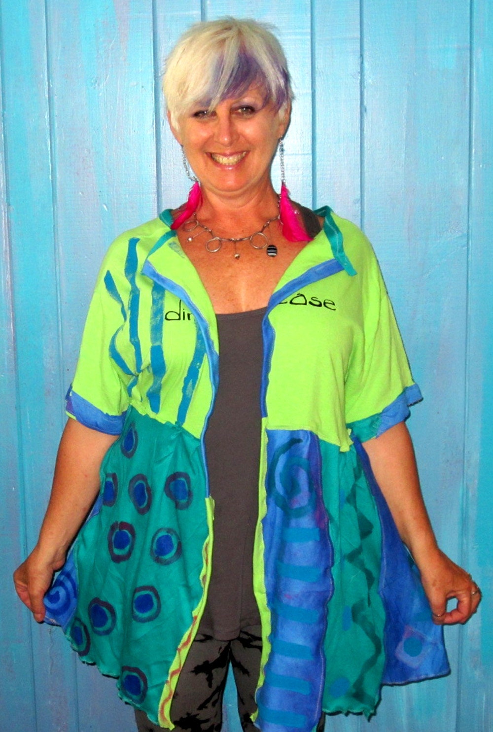 Spearmint Handpainted short sleeve repurposed funky tee cardigan