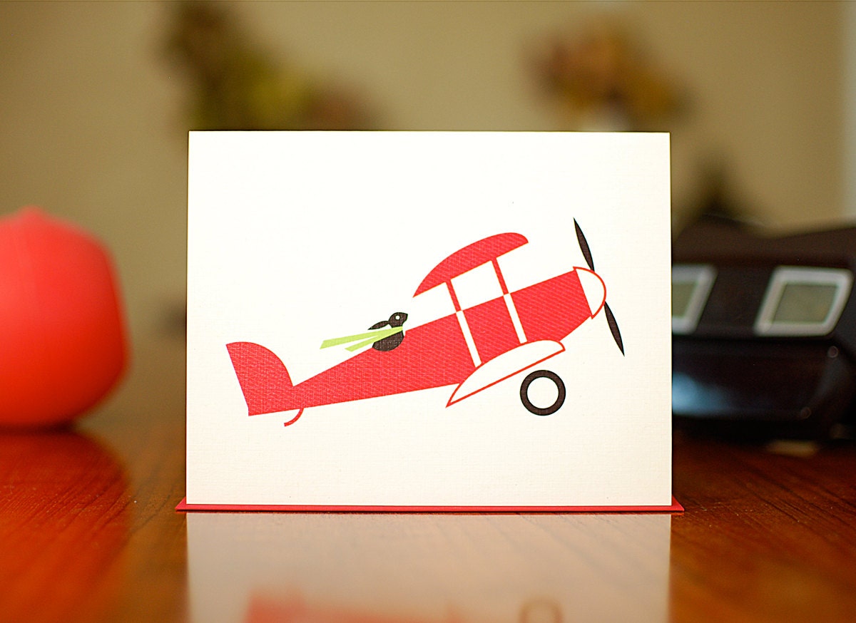 Red Baron Bunny - New Baby Congratulations Card in Red, Blue or Pink (100% Recycled Paper)